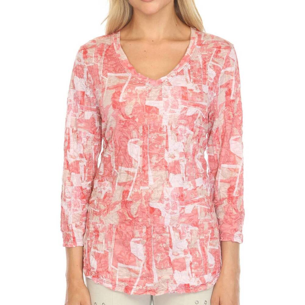 NEW CARINE 3/4 length sleeves v-neck top in coral mosaic - Picture 4 of 7